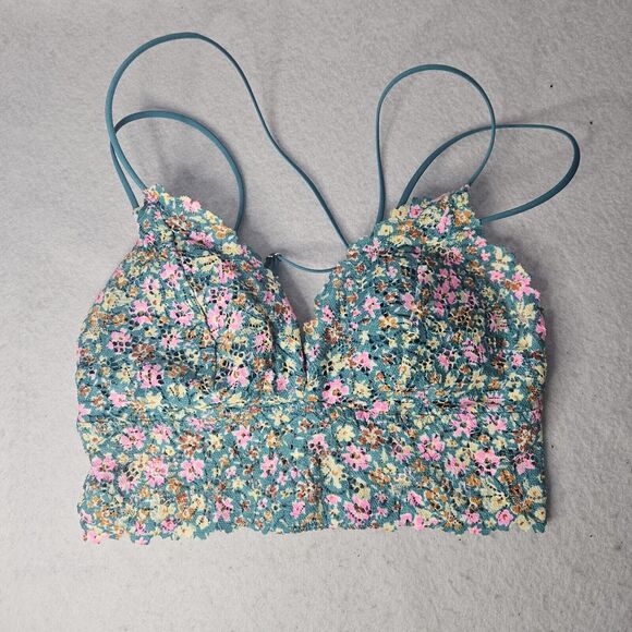 VICTORIA SECRET PINK Sz M Bralette Turquoise And Hot Pink Lace Floral Aqua - Picture 1 of 3
